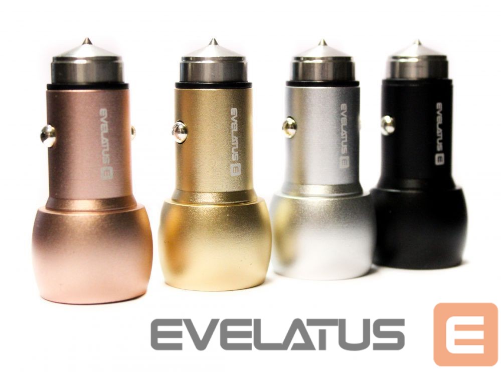 Automobiliniai įkrovikliai Evelatus - Car Charger ECC01 GOLD 2USB port 3.1A with stainless steel escape tool Gold