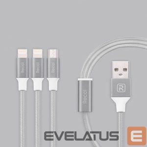 Kabelis Recci Universal Delicate RCS-H120 3 in 1 Micro USB + 2 x Lightning Fast Charging 1,2 m Grey