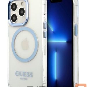 Nugarėlės dėklai Guess Apple iPhone 13 Pro Max 6.7 hard case Metal Outline Magsafe Transparent Blue