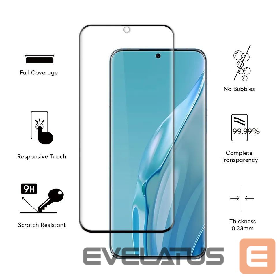 Apsauginiai stiklai Evelatus Huawei P60 PRO 2.5D Full Cover Japan Glue Glass Anti-Static