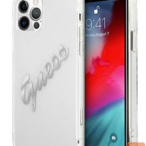 Nugarėlės dėklai Guess Apple iPhone 12 Pro Max 6.7 hardcase Vintage Script Silver Transparent