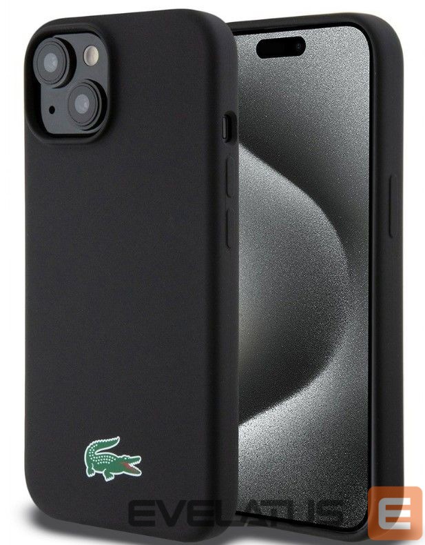 Nugarėlės dėklai Lacoste Apple iPhone 15 6.1 Liquid Silicone Microfiber Croc Logo Magsafe Back Cover Black