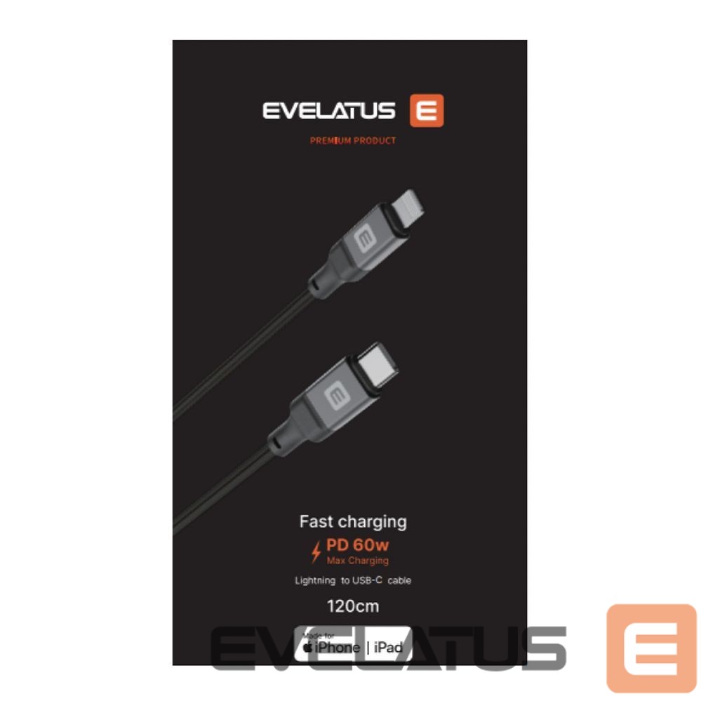 Kabelis Evelatus USB C to Lightning Cable 2.0M 60W (MFI09) Aluminum housing braiding Black