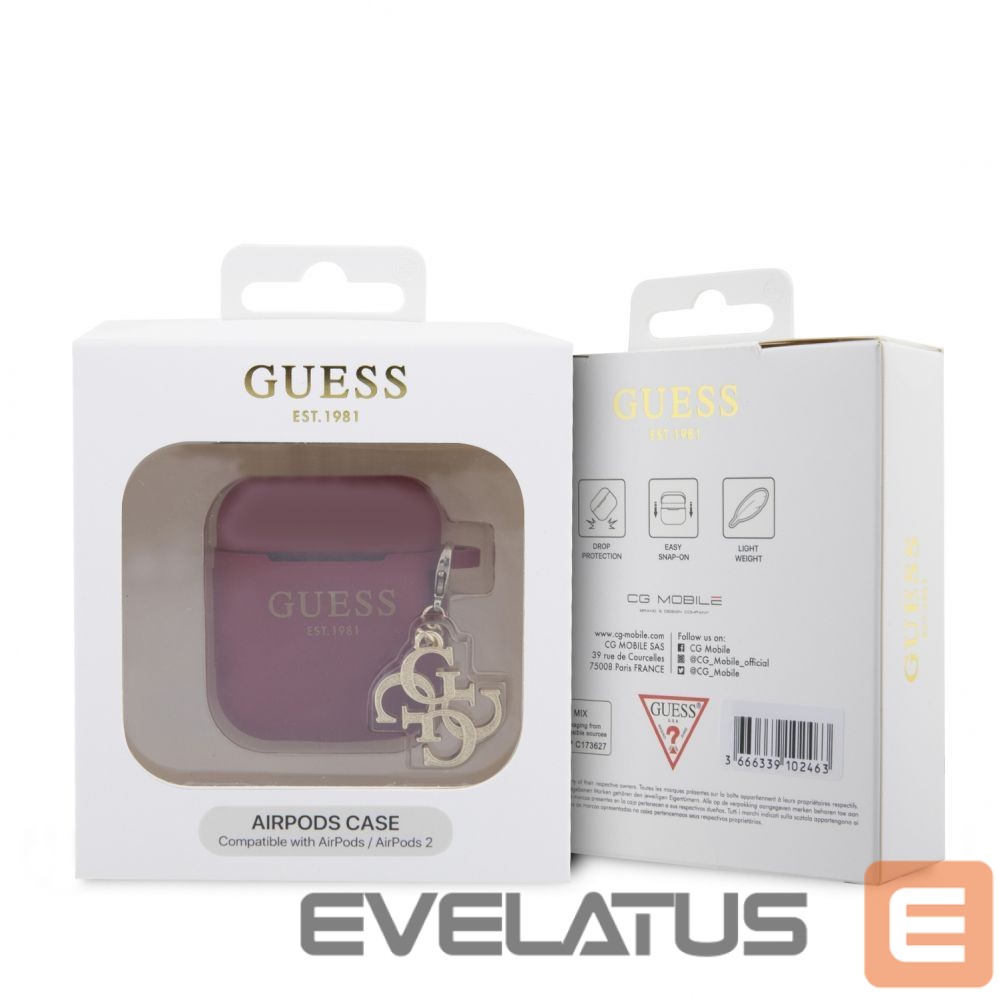 Nugarėlės dėklai Guess Apple Airpods 1/2 Case Silicone Classic Logo Gold With 4G Charm Magenta