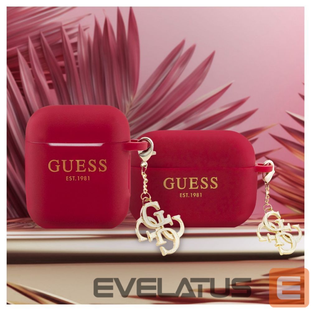 Nugarėlės dėklai Guess Apple Airpods 1/2 Case Silicone Classic Logo Gold With 4G Charm Magenta