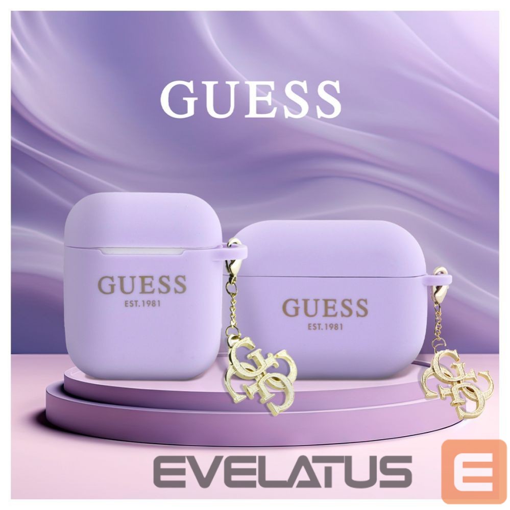 Dėklai ausinėms Guess Apple Airpods Pro Case Silicone Classic Logo Gold With 4G Charm Purple