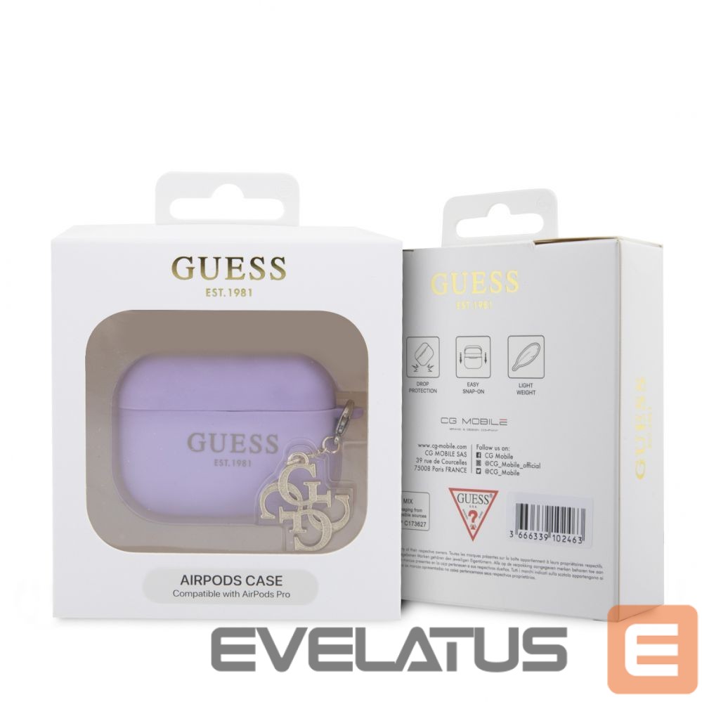 Dėklai ausinėms Guess Apple Airpods Pro Case Silicone Classic Logo Gold With 4G Charm Purple