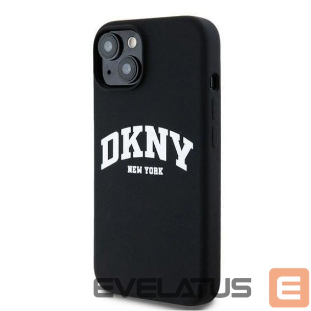 Nugarėlės dėklai DKNY Apple iPhone 15 hardcase Liquid Silicone White Printed Logo MagSafe Black