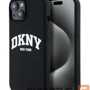 Nugarėlės dėklai DKNY Apple iPhone 15 hardcase Liquid Silicone White Printed Logo MagSafe Black