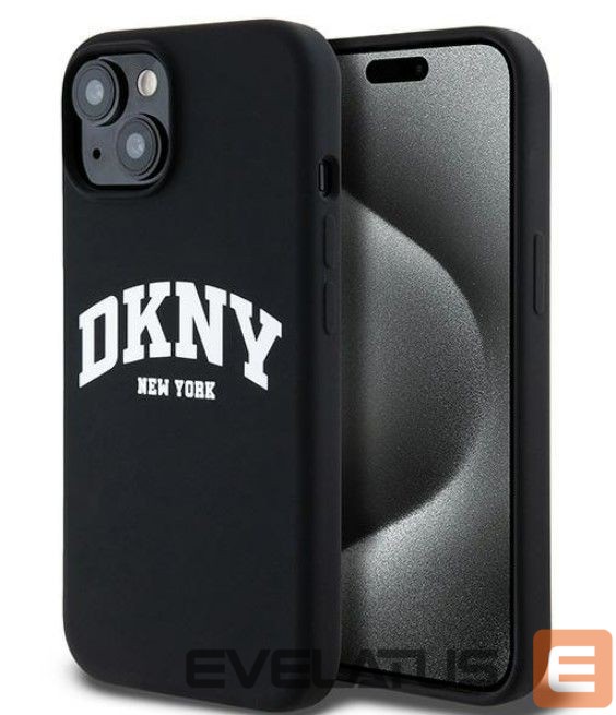Nugarėlės dėklai DKNY Apple iPhone 15 hardcase Liquid Silicone White Printed Logo MagSafe Black