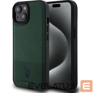 Nugarėlės dėklai U.S. Polo PU Apple iPhone 15 Leather Mesh Pattern Double Horse Case Green