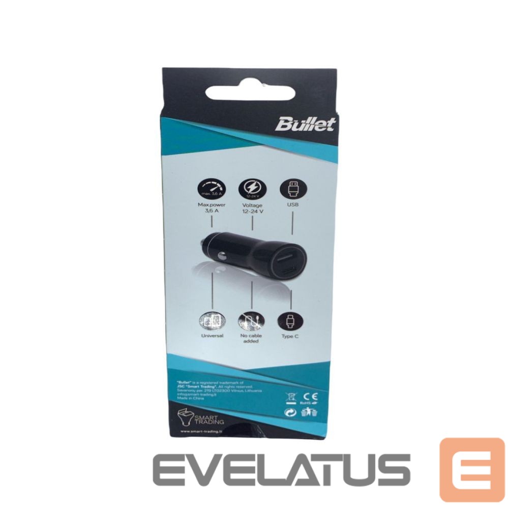 Adapteriai - BULLET USB Car Charger Q3.0 + Type C 2.4A Black