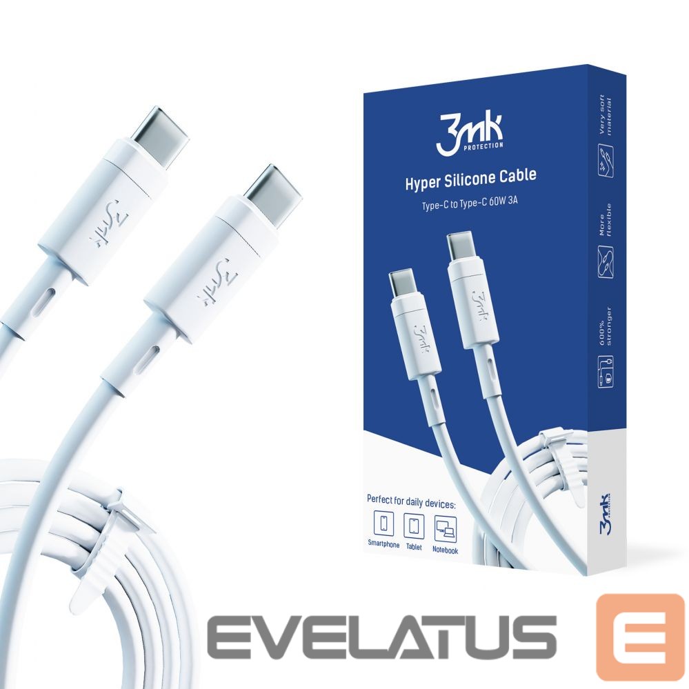 Kabelis 3MK Universal Hyper Silicone Cable Type-C to Type-C 60W 3A White