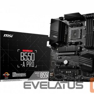 Intel procesoriaus pagrindinė plokštė MSI  B550-A PRO Processor family AMD, Processor socket AM4, DDR4 DIMM, Memory slots 4, Supported hard disk drive interfaces 	SATA, M.2, Number of SATA connectors 6, Chipset AMD B550, ATX 