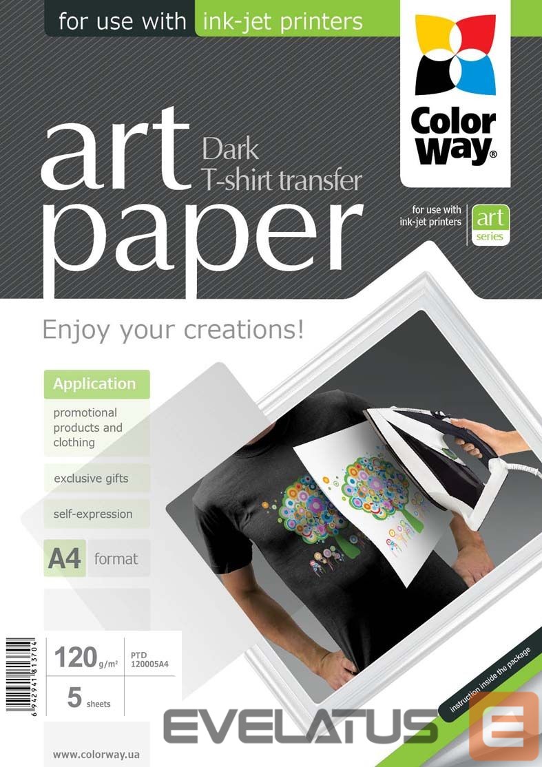 Biuro įrankiai ColorWay ART T-shirt transfer (dark) Photo Paper, 5 sheets, A4, 120 g/m²