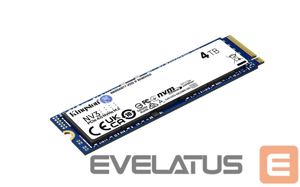 Kietasis diskas SDD Kingston SSD | NV3 | 4000 GB | SSD form factor M.2 2280 | Solid-state drive interface PCIe 4.0 x4 NVMe | Read speed 6000 MB/s | Write speed 5000 MB/s