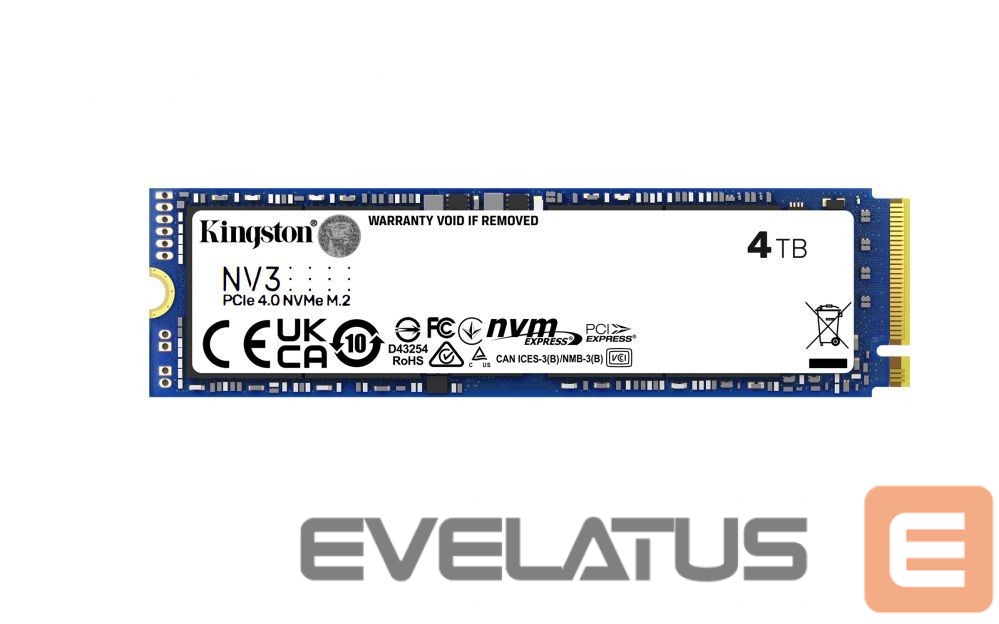 Kietasis diskas SDD Kingston SSD | NV3 | 4000 GB | SSD form factor M.2 2280 | Solid-state drive interface PCIe 4.0 x4 NVMe | Read speed 6000 MB/s | Write speed 5000 MB/s