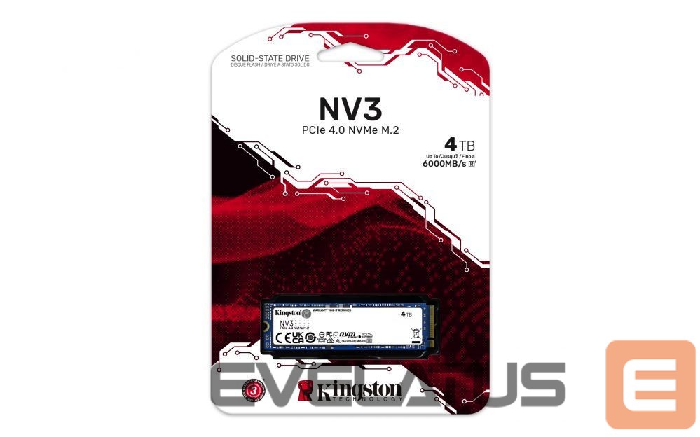 Kietasis diskas SDD Kingston SSD | NV3 | 4000 GB | SSD form factor M.2 2280 | Solid-state drive interface PCIe 4.0 x4 NVMe | Read speed 6000 MB/s | Write speed 5000 MB/s
