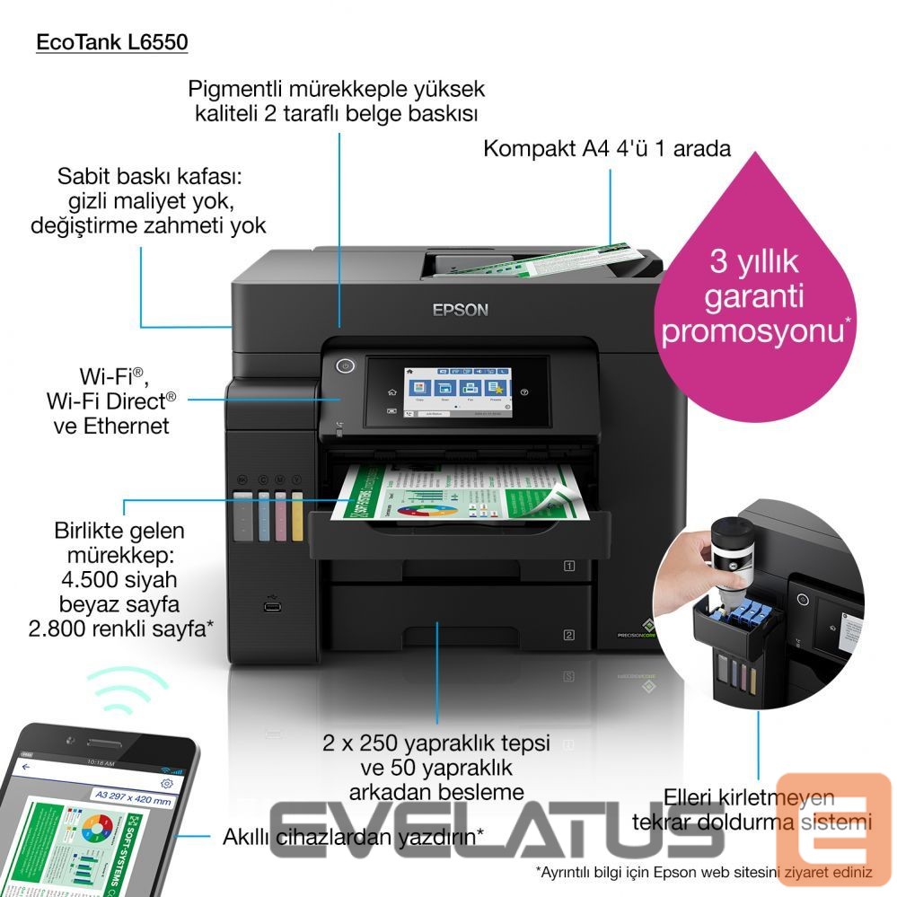 Spausdintuvai EPSON Multifunctional Printer EcoTank L6550 Colour, Inkjet, A4, Wi-Fi, Black
