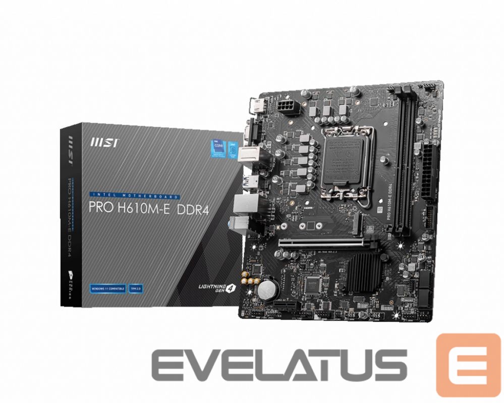 Intel procesoriaus pagrindinė plokštė MSI PRO H610M-E DDR4 Processor family Intel, Processor socket LGA1700, DDR4 DIMM, Memory slots 2, Supported hard disk drive interfaces SATA, M.2, Number of SATA connectors 4, Chipset Intel H610, Mirco-ATX