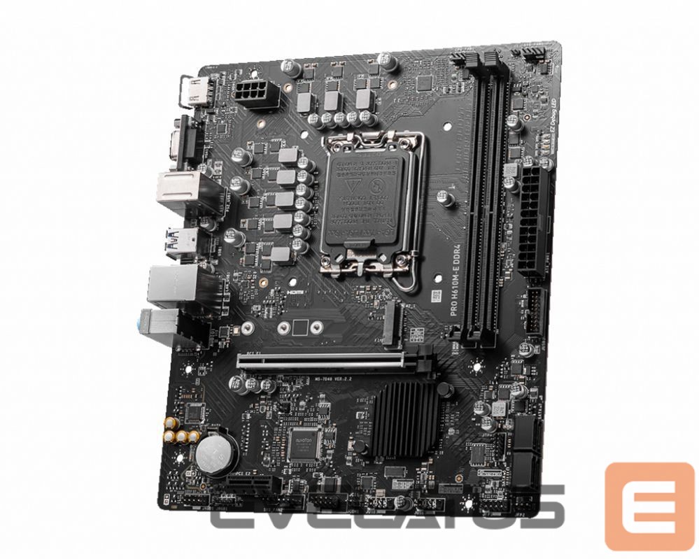 Intel procesoriaus pagrindinė plokštė MSI PRO H610M-E DDR4 Processor family Intel, Processor socket LGA1700, DDR4 DIMM, Memory slots 2, Supported hard disk drive interfaces SATA, M.2, Number of SATA connectors 4, Chipset Intel H610, Mirco-ATX