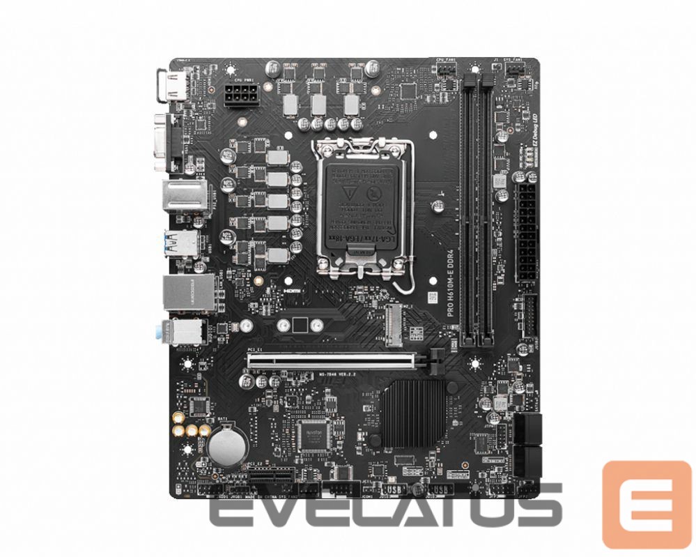 Intel procesoriaus pagrindinė plokštė MSI PRO H610M-E DDR4 Processor family Intel, Processor socket LGA1700, DDR4 DIMM, Memory slots 2, Supported hard disk drive interfaces SATA, M.2, Number of SATA connectors 4, Chipset Intel H610, Mirco-ATX