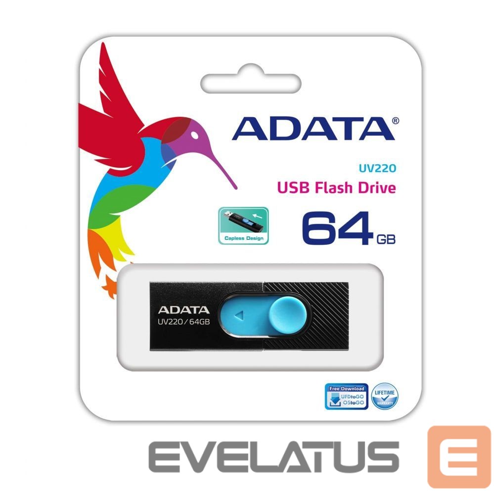 USB atmintinė ADATA UV220 64GB USB Flash Drive, Black/Blue
