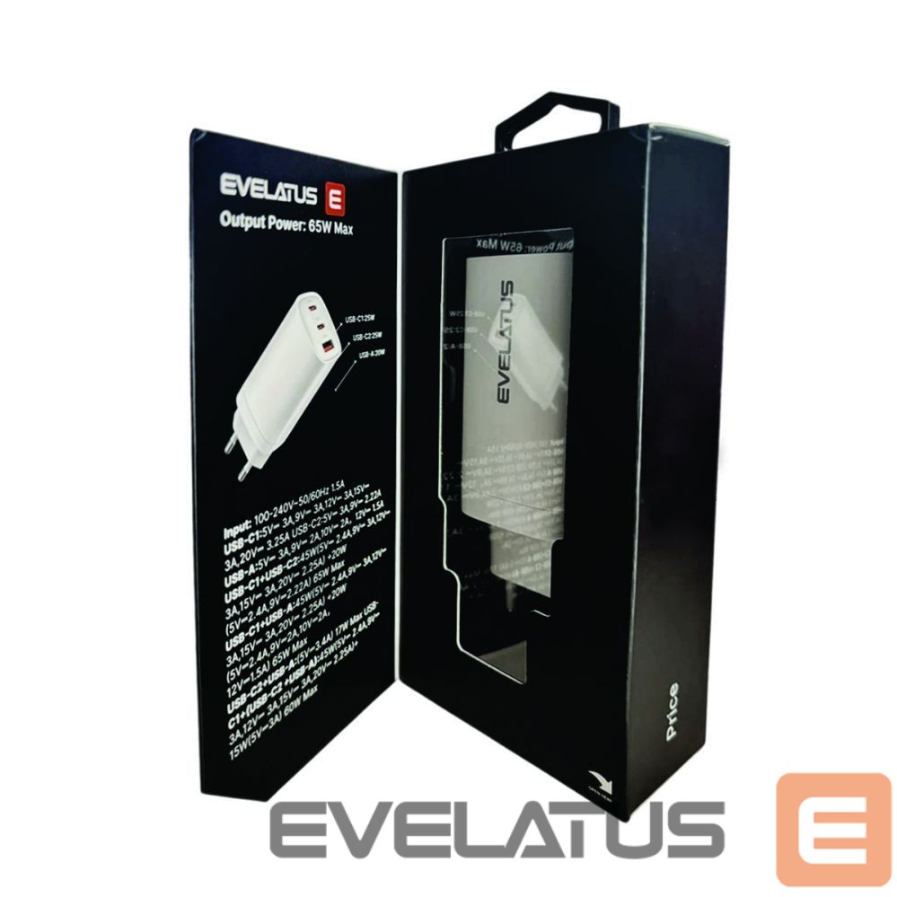 Adapteriai Evelatus 65W Max Fast Charger EU USB-C1/USB-C1/USB-A White