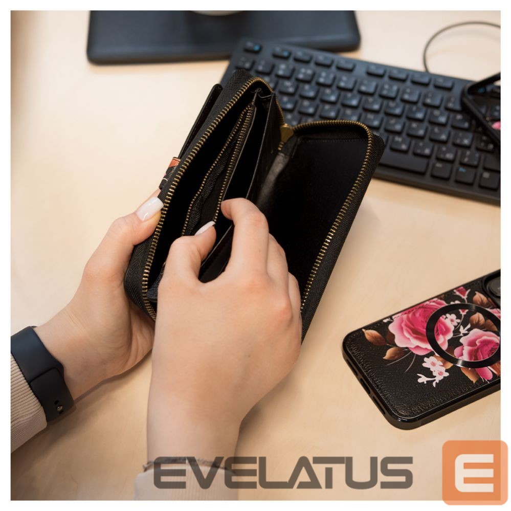 Nugarėlės dėklai Evelatus Apple iPhone 14 Pro Leather Case Zipper Design Flower Black