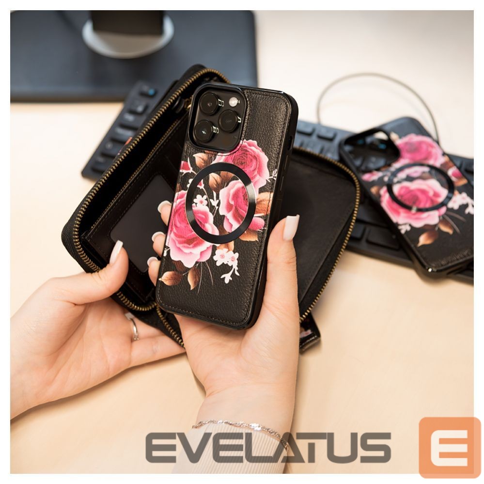 Nugarėlės dėklai Evelatus Apple iPhone 14 Pro Leather Case Zipper Design Flower Black