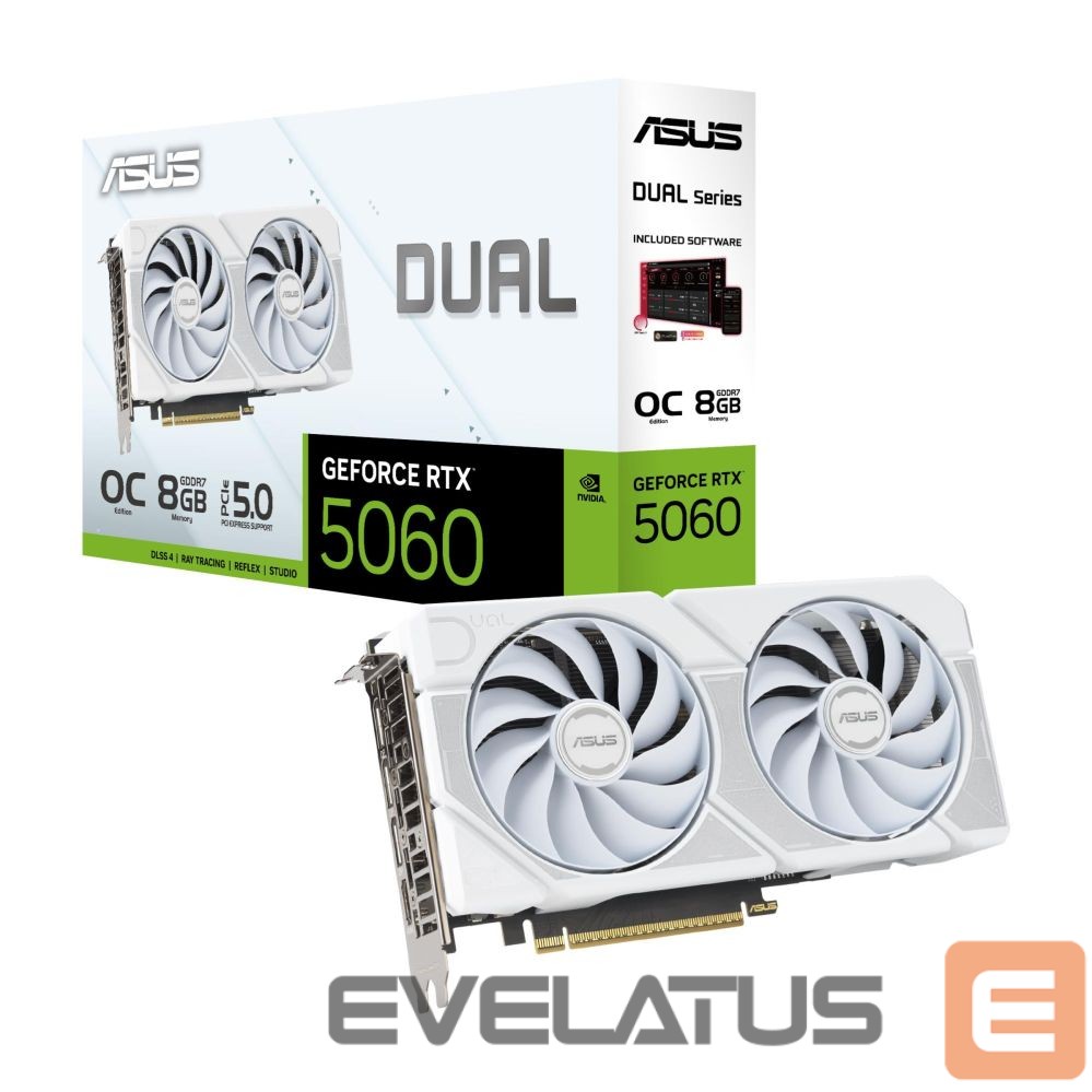 Vaizdo plokštės / Vaizdo plokštės Asus Graphics Card||NVIDIA GeForce RTX 5060|8 GB|GDDR7|128 bit|PCIE 5.0 16x|Dual Slot Fansink|DUAL-RTX5060-O8G-WHITE