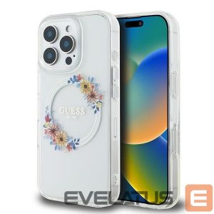 Kitas telefono priedas Guess  Guess IML Flowers Wreath MagSafe Case for iPhone 16 Pro - Clear 
