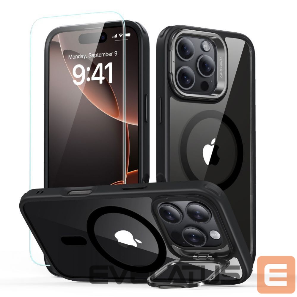 Kitas telefono priedas ESR ESR Classic Hybrid Kickstand Halolock MagSafe Case with Stand + Tempered Glass for iPhone 16 Pro Max - Clear with Black Frame