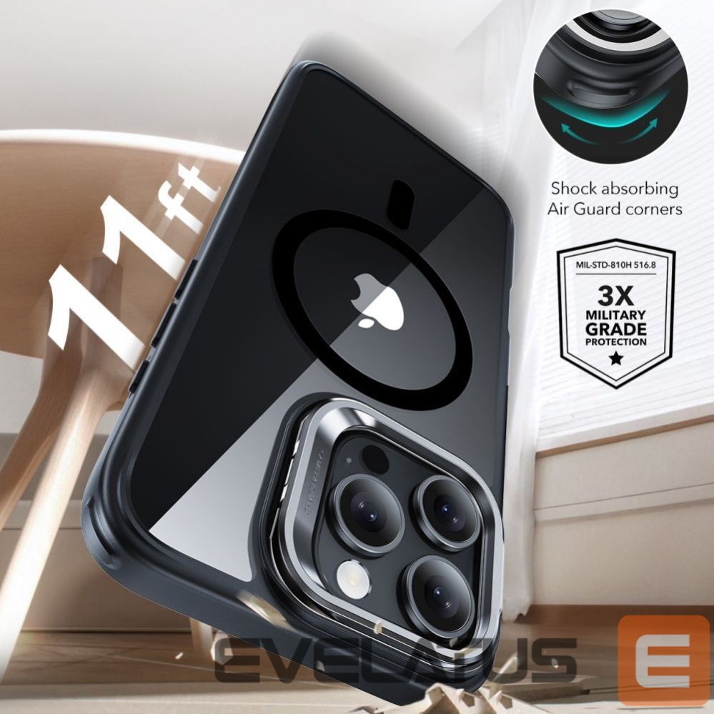 Kitas telefono priedas ESR ESR Classic Hybrid Kickstand Halolock MagSafe Case with Stand + Tempered Glass for iPhone 16 Pro Max - Clear with Black Frame