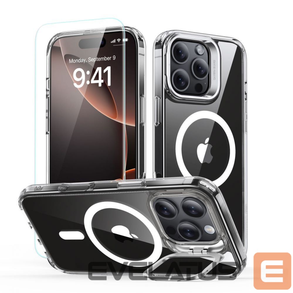 Kitas telefono priedas ESR ESR Classic Hybrid Kickstand Halolock MagSafe Case Set with Stand + Tempered Glass for iPhone 16 Pro - Clear