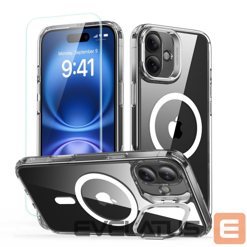 Kitas telefono priedas ESR ESR Classic Hybrid Kickstand Halolock MagSafe Case Set + Tempered Glass for iPhone 16 - Clear