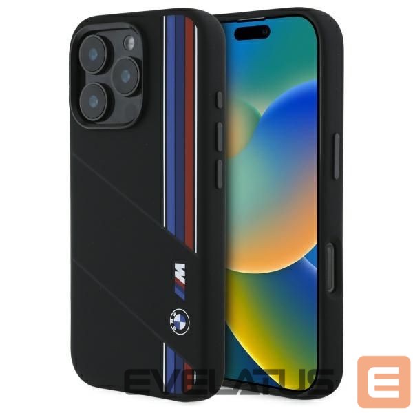 Kitas telefono priedas BMW BMW Silicone Cut Tricolor Lines MagSafe Case for iPhone 16 Pro Max - Black