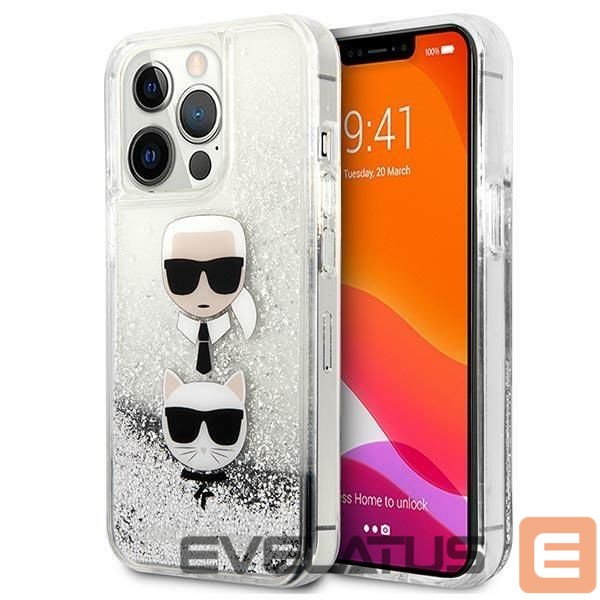 Nugarėlės dėklai Karl Lagerfeld Karl Lagerfeld Liquid Glitter Karl&Choupette Head case for iPhone 13 Pro Max - silver