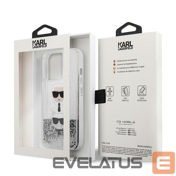 Nugarėlės dėklai Karl Lagerfeld Karl Lagerfeld Liquid Glitter Karl&Choupette Head case for iPhone 13 Pro Max - silver