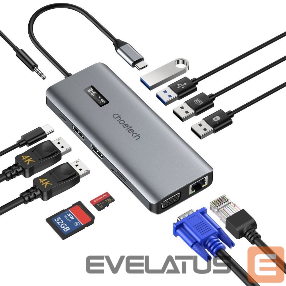 Kabelis Choetech Choetech multifunctional HUB with display 12in1 USB-C to USB-C / USB-A / HDMI / VGA / AUX / SD / TF gray (HUB-M26)
