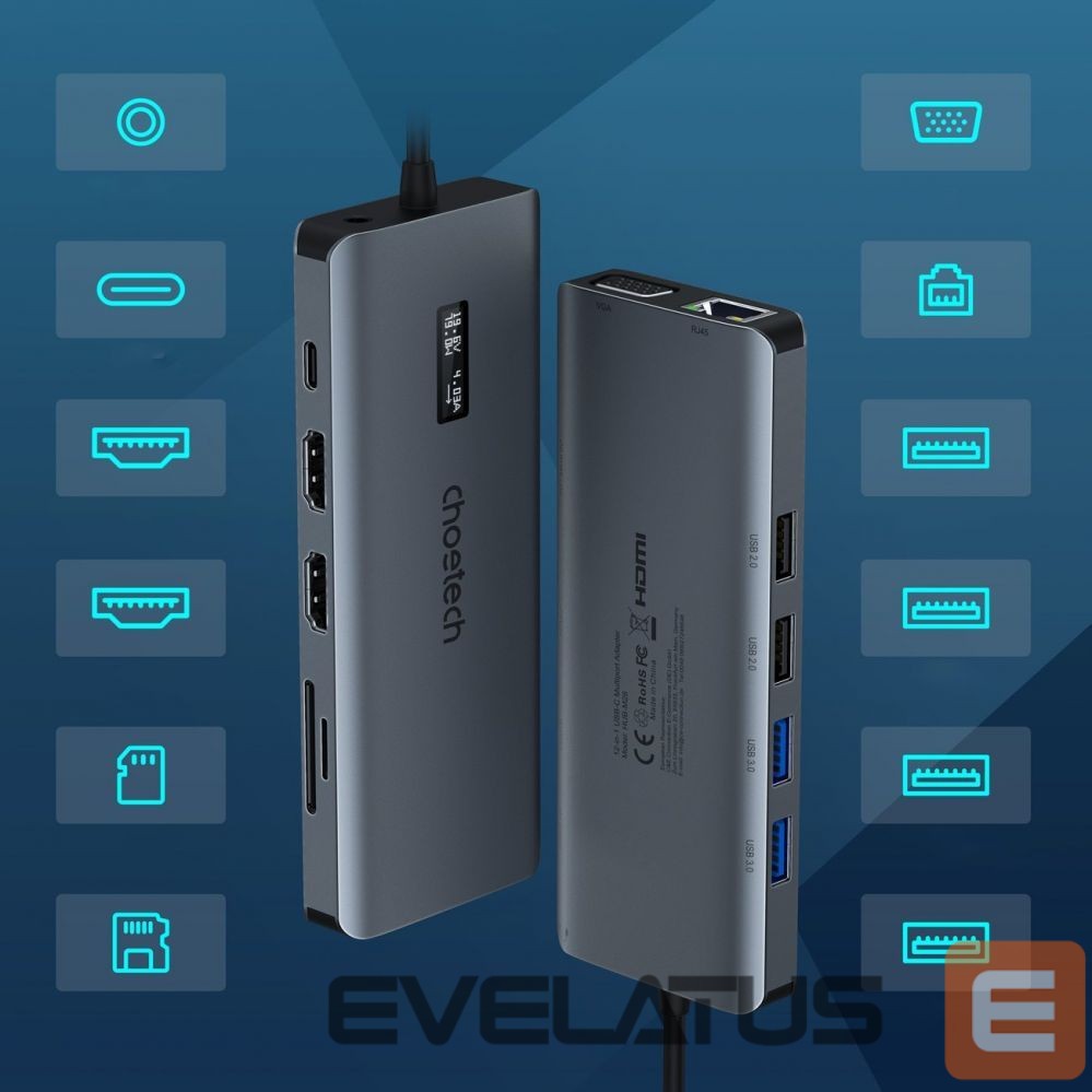 Kabelis Choetech Choetech multifunctional HUB with display 12in1 USB-C to USB-C / USB-A / HDMI / VGA / AUX / SD / TF gray (HUB-M26)