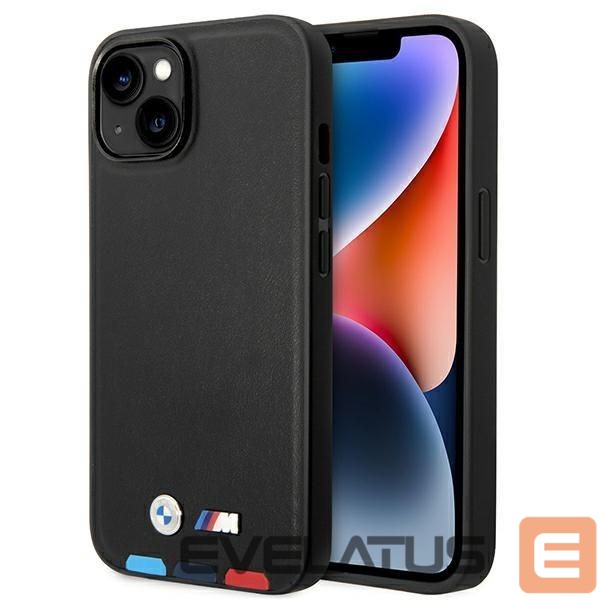 Nugarėlės dėklai BMW Case BMW BMHMP14M22PTDK iPhone 14 Plus 6.7 "black / black Leather Stamp Tricolor Magsafe