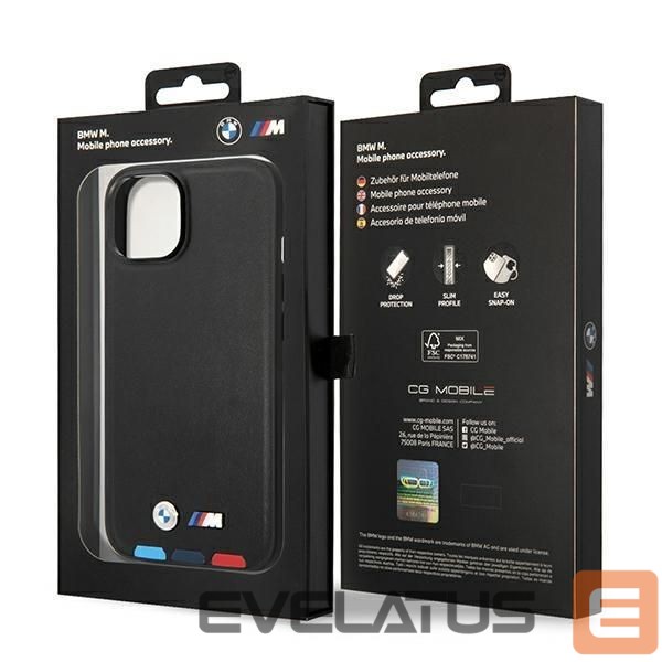 Nugarėlės dėklai BMW Case BMW BMHMP14M22PTDK iPhone 14 Plus 6.7 "black / black Leather Stamp Tricolor Magsafe