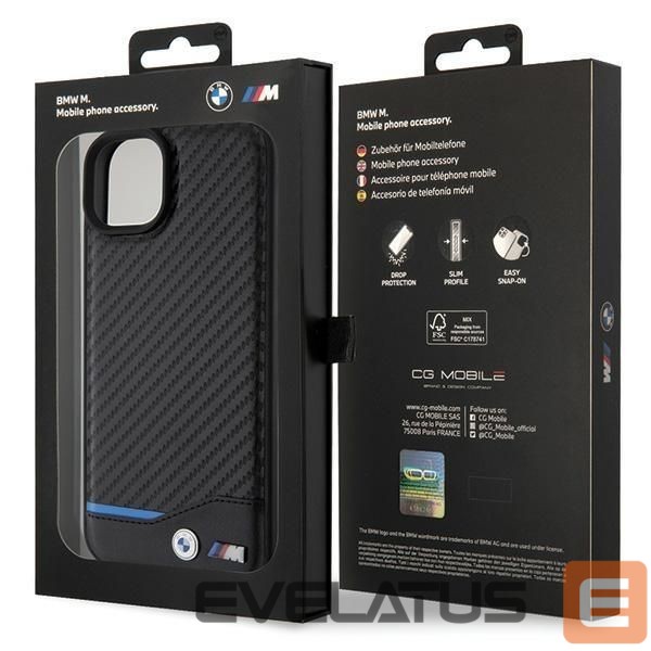 Nugarėlės dėklai BMW BMW Leather Carbon case for iPhone 15 Plus - black