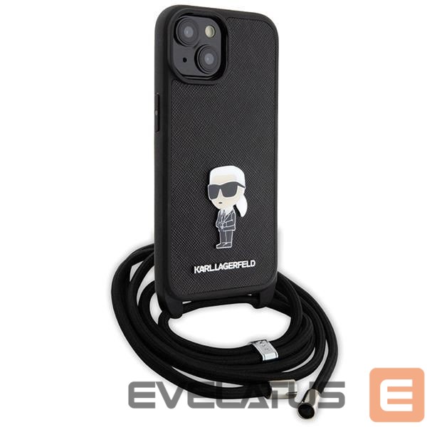 Nugarėlės dėklai Karl Lagerfeld Karl Lagerfeld Crossbody Saffiano Monogram Metal Pin Karl & Choupette Case for iPhone 15 - Black