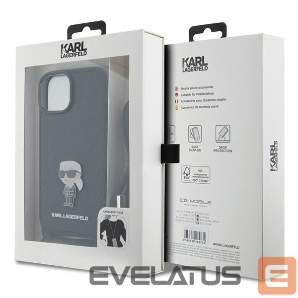 Nugarėlės dėklai Karl Lagerfeld Karl Lagerfeld Crossbody Saffiano Monogram Metal Pin Karl & Choupette Case for iPhone 15 - Black