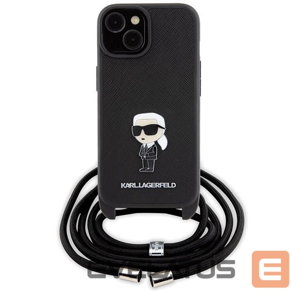 Nugarėlės dėklai Karl Lagerfeld Karl Lagerfeld Crossbody Saffiano Monogram Metal Pin Karl & Choupette Case for iPhone 15 - Black