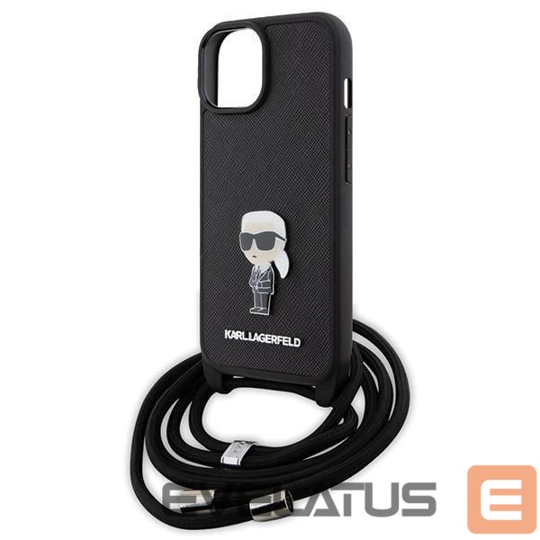 Nugarėlės dėklai Karl Lagerfeld Karl Lagerfeld Crossbody Saffiano Monogram Metal Pin Karl & Choupette Case for iPhone 15 - Black
