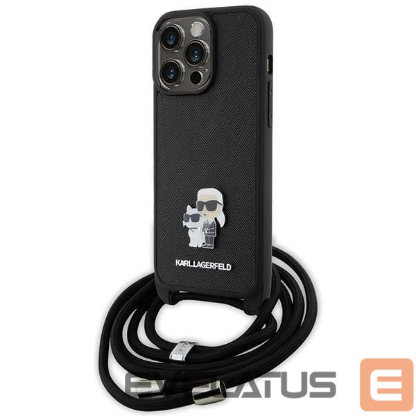 Nugarėlės dėklai Karl Lagerfeld Karl Lagerfeld Crossbody Saffiano Metal Pin Karl & Choupette Case for iPhone 15 Pro Max - Black