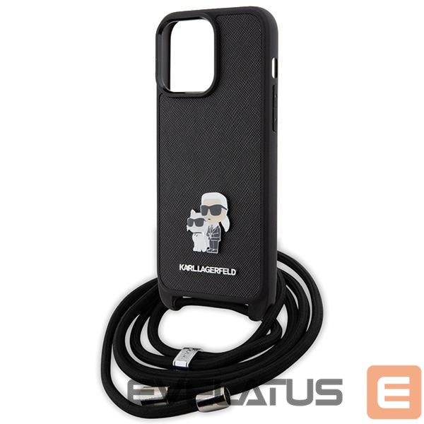 Nugarėlės dėklai Karl Lagerfeld Karl Lagerfeld Crossbody Saffiano Metal Pin Karl & Choupette Case for iPhone 15 Pro Max - Black